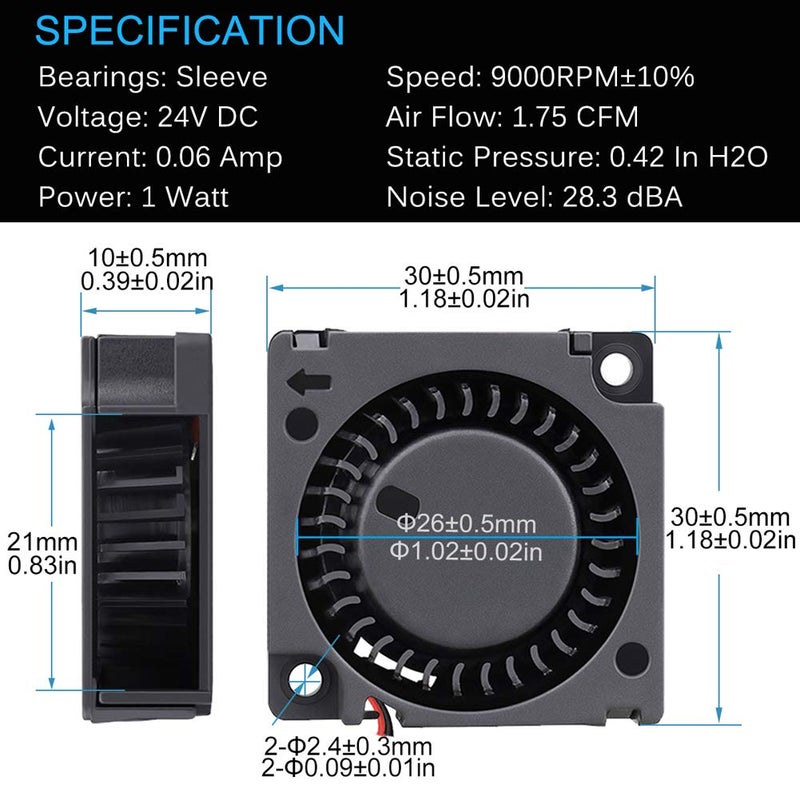 GDSTIME 24V 30mm Blower Fan 30mm x 30mm x10mm 3D Printer Cooling Replacement Fan - Image 3